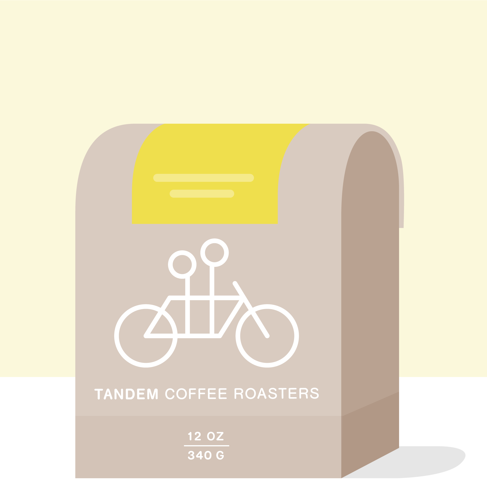 A minimalist illustration of a beige coffee bag labeled Tandem Coffee Roasters, featuring a white tandem bicycle outline, a yellow top label, "Armando Hurtado - Peru," and "12 oz 340 g" at the bottom.