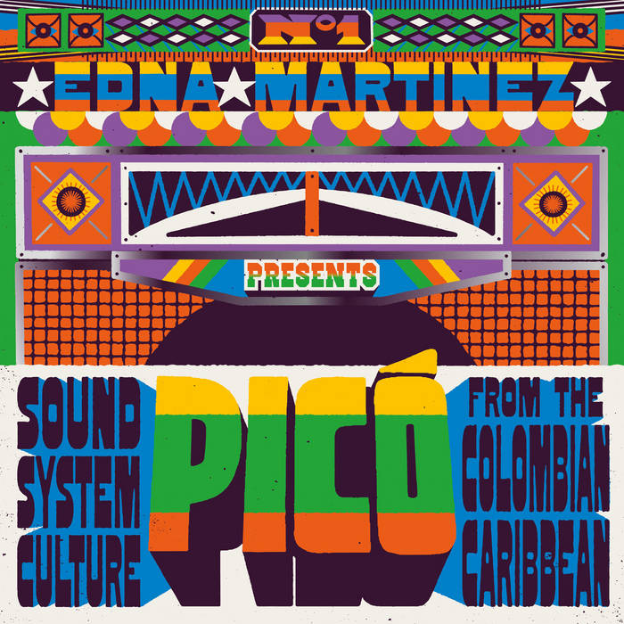 Vibrant artwork for Tandem Coffee Roasters’ “Edna Martinez - Picó - Sound System Culture from the Colombian Caribbean,” featuring geometric patterns, speakers, and bold text inspired by Caribbean sound systems.