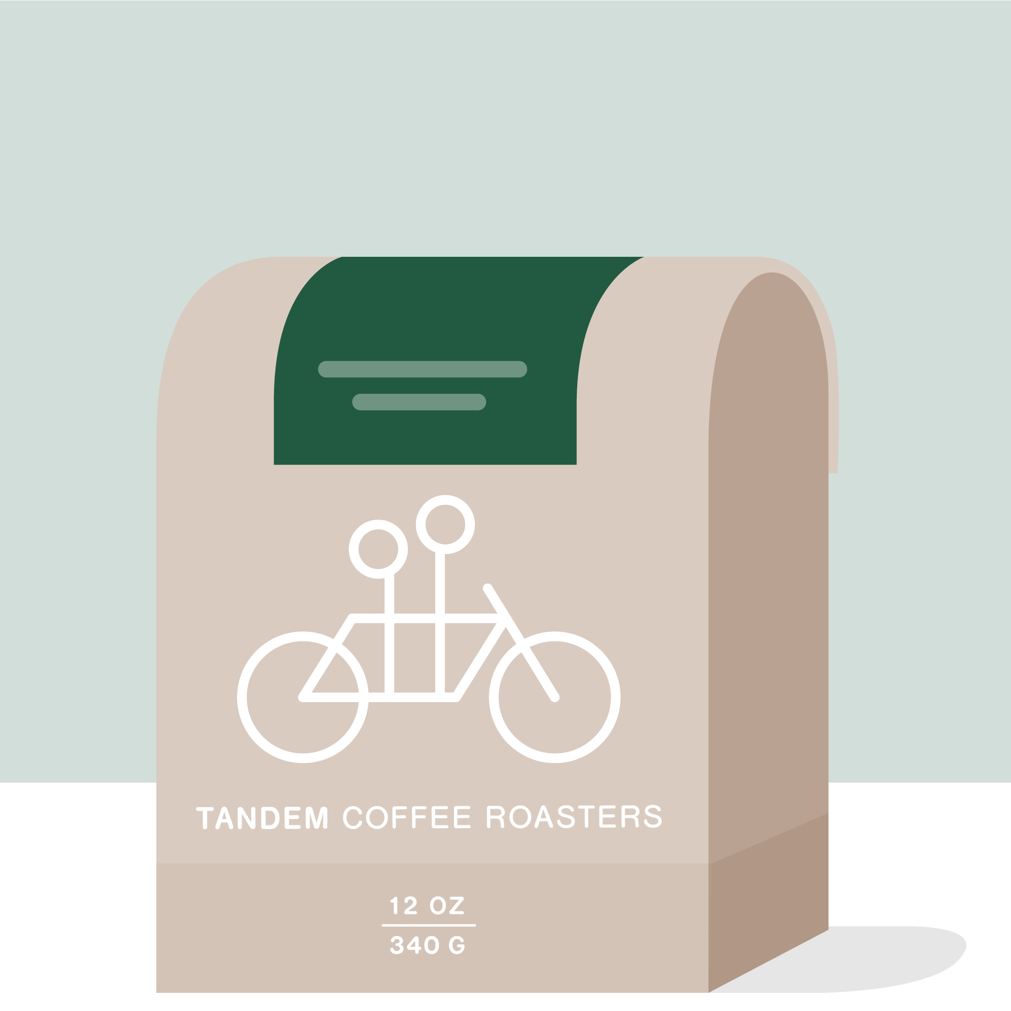 A beige coffee bag with a white tandem bicycle graphic, labeled Tandem Coffee Roasters and 12 oz 340 g, features a dark green tab at the top. This Juan Danilo Florez – Colombia coffee is known for its vibrant tropical fruit notes.