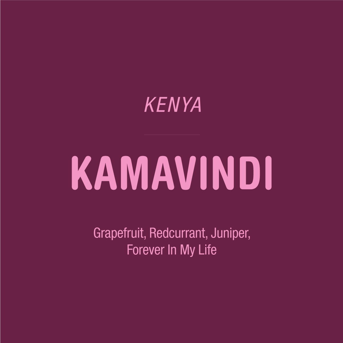 Dark mauve graphic featuring text: TANDEM COFFEE ROASTERS above KAMAVINDI - KENYA in large pink letters. Below, it reads: Grapefruit, Redcurrant, Juniper, Forever In My Life. A refined showcase of Kenyan coffee and SL separation.