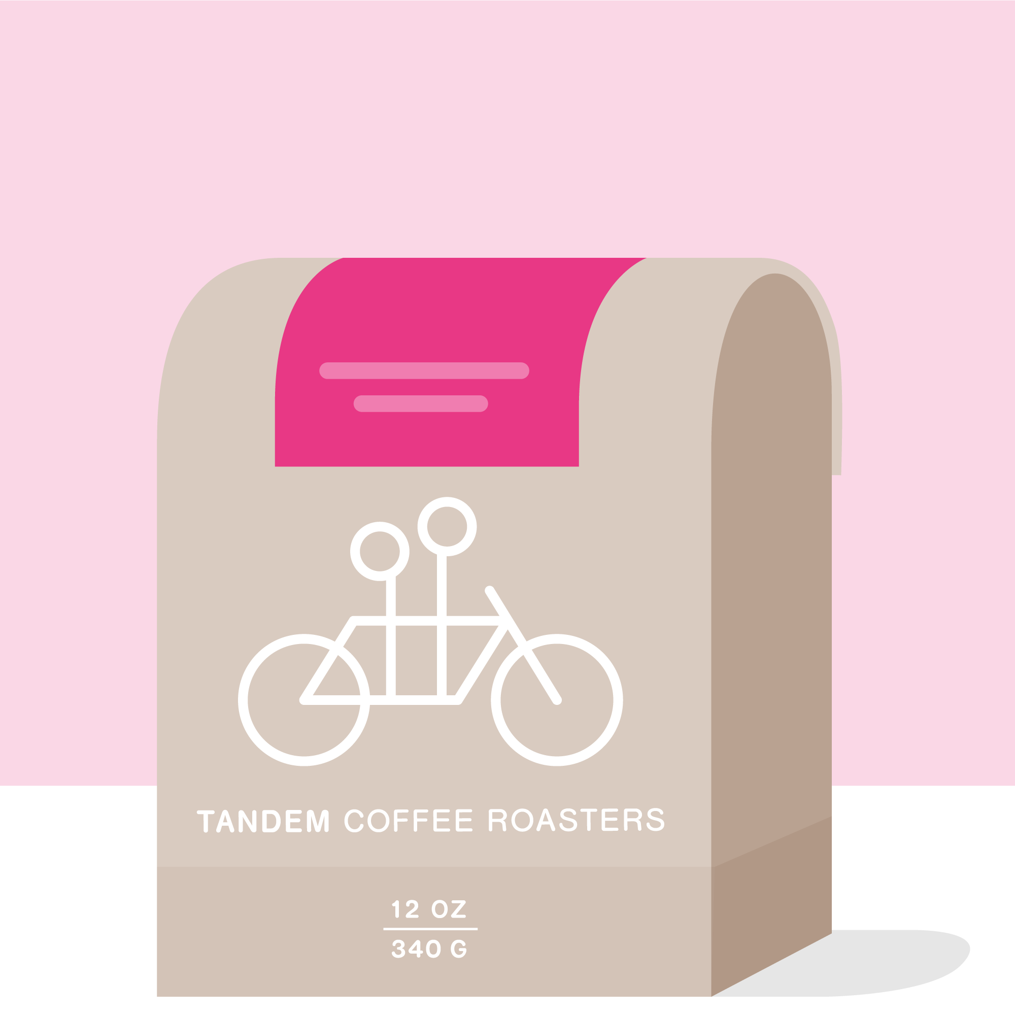 A beige 12 oz (340 g) coffee bag from Tandem Coffee Roasters, labeled “Kambarare - Kenya,” features a white tandem bicycle graphic and a distinctive pink accent at the top. Showcasing exceptional quality, this microlot coffee is crafted from prized SL-28 beans sourced from Kenya’s Kambarare farm. The packaging stands out against a pink and white background.