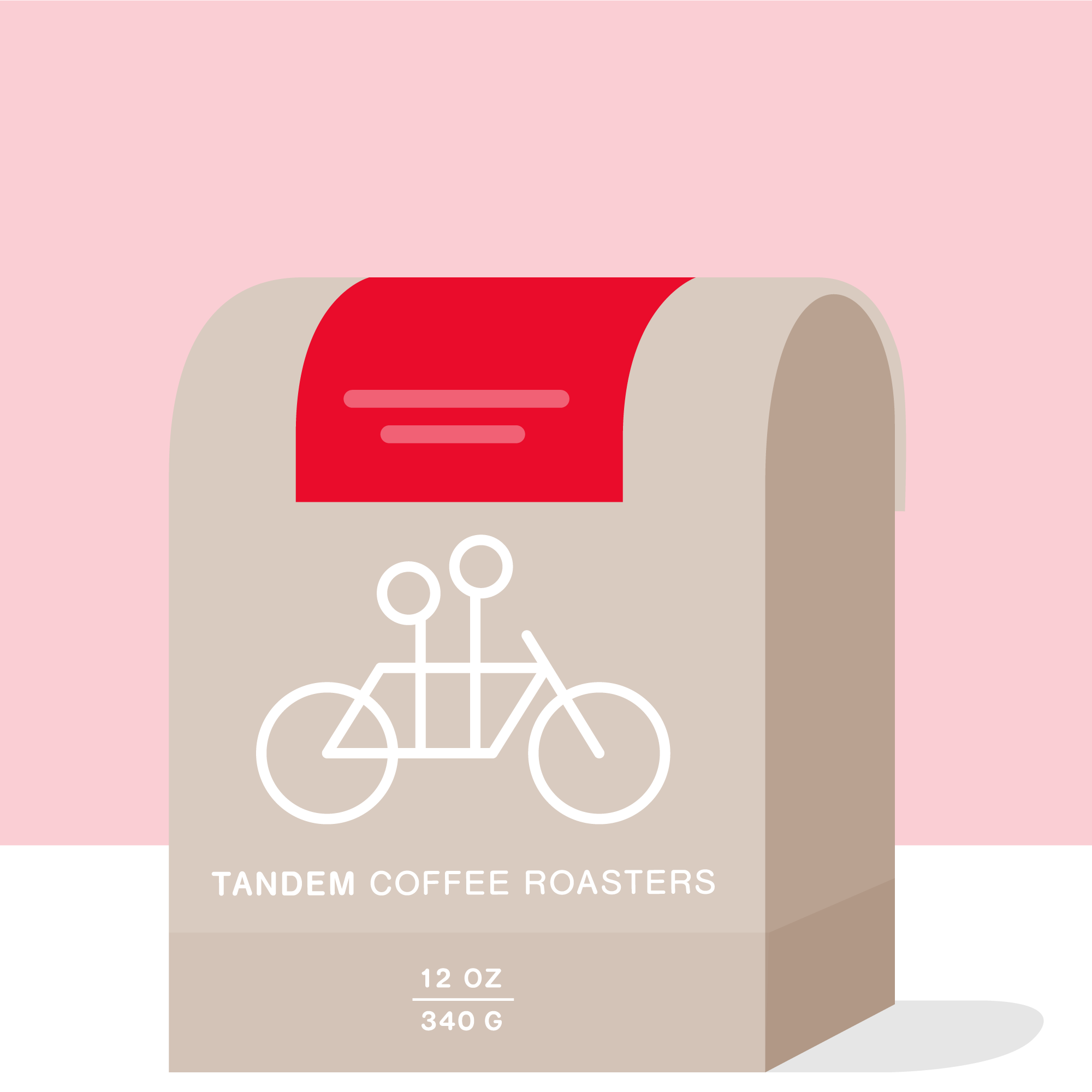 A beige coffee bag labeled Tandem Coffee Roasters features a white tandem bike drawing, red top flap, and 12 oz (340 g) text. The Casimiro Garcia - Mexico coffee is showcased on a pink and white background.