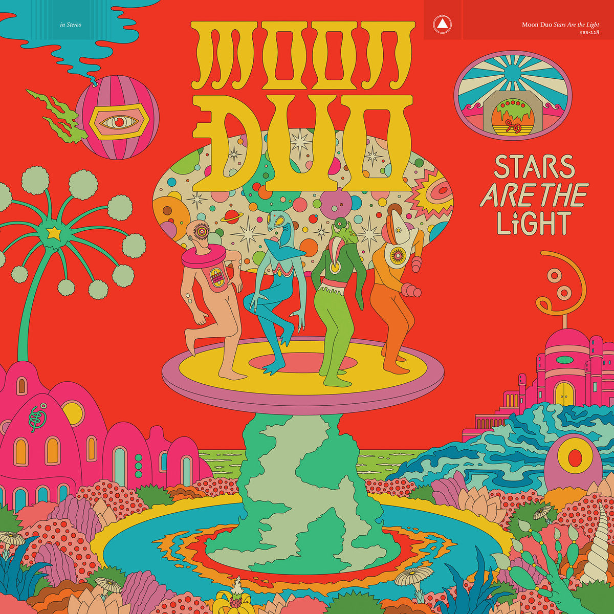 Psychedelic album art for Moon Duo - Stars Are The Light features four vibrant figures dancing above a mushroom cloud, set among abstract plants, stars, and surreal elements. Collaboration from Tandem Coffee Roasters.