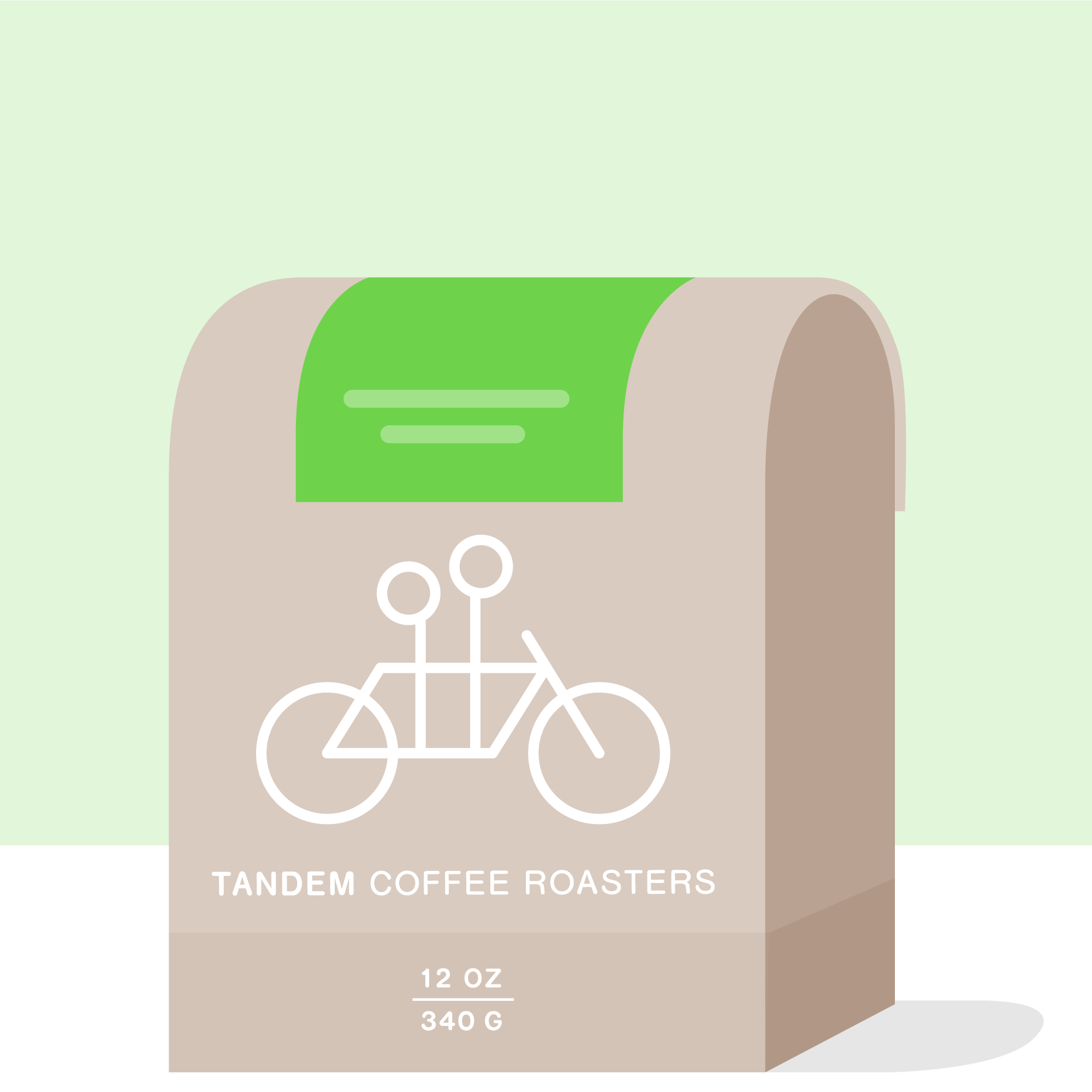 A 12 oz (340 g) beige coffee bag from Tandem Coffee Roasters, featuring a green label with a white tandem bicycle illustration and labeled "Shoondhisa Natural - Ethiopia." This bag contains natural Ethiopian coffee, renowned for its vibrant flavors and artisanal quality.